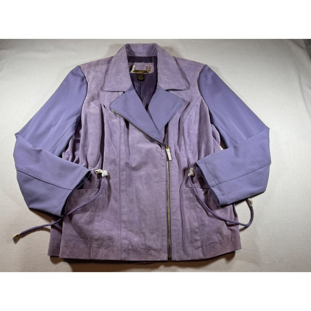 Iman Global Chic Purple Genuine Leather Suede Moto Jacket Drawstring Waist 1X - Picture 2 of 10